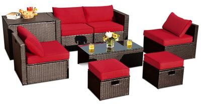 Costway 8 Pieces Patio Space-Saving Rattan Furniture Set with Storage Box and Waterproof Cover-Red