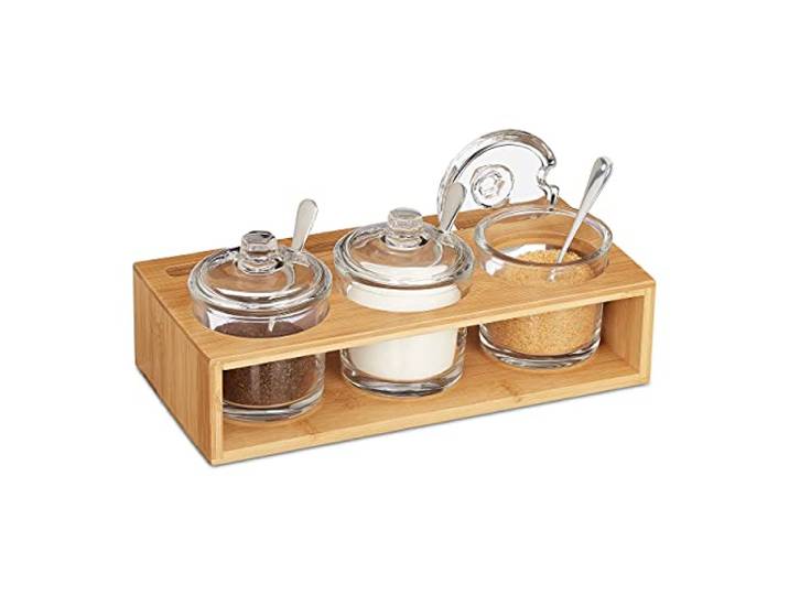 Relaxdays kruidenpotjes set van 3, bamboe houder, glazen suikerpotje met lepel & deksel, zoutpotje, naturel/transparant