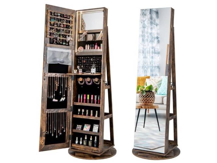 COSTWAY Armoire à Bijoux Pivotante à 360° - Lumières LED 3 Couleurs Miroir Pleine Longueur Étagère 3 Niveaux en Arrière - Vintage