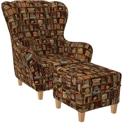 Supellex Sofia Ohrensessel mit Hocker   Design Bibliothek, Bücherregal in Walnuss