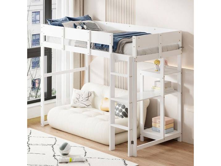 Lit Mezzanine 90x200 cm avec Rangement Scadre de Lit Adulte en Pin Pour Adulte Lit 1 Personne Blanc