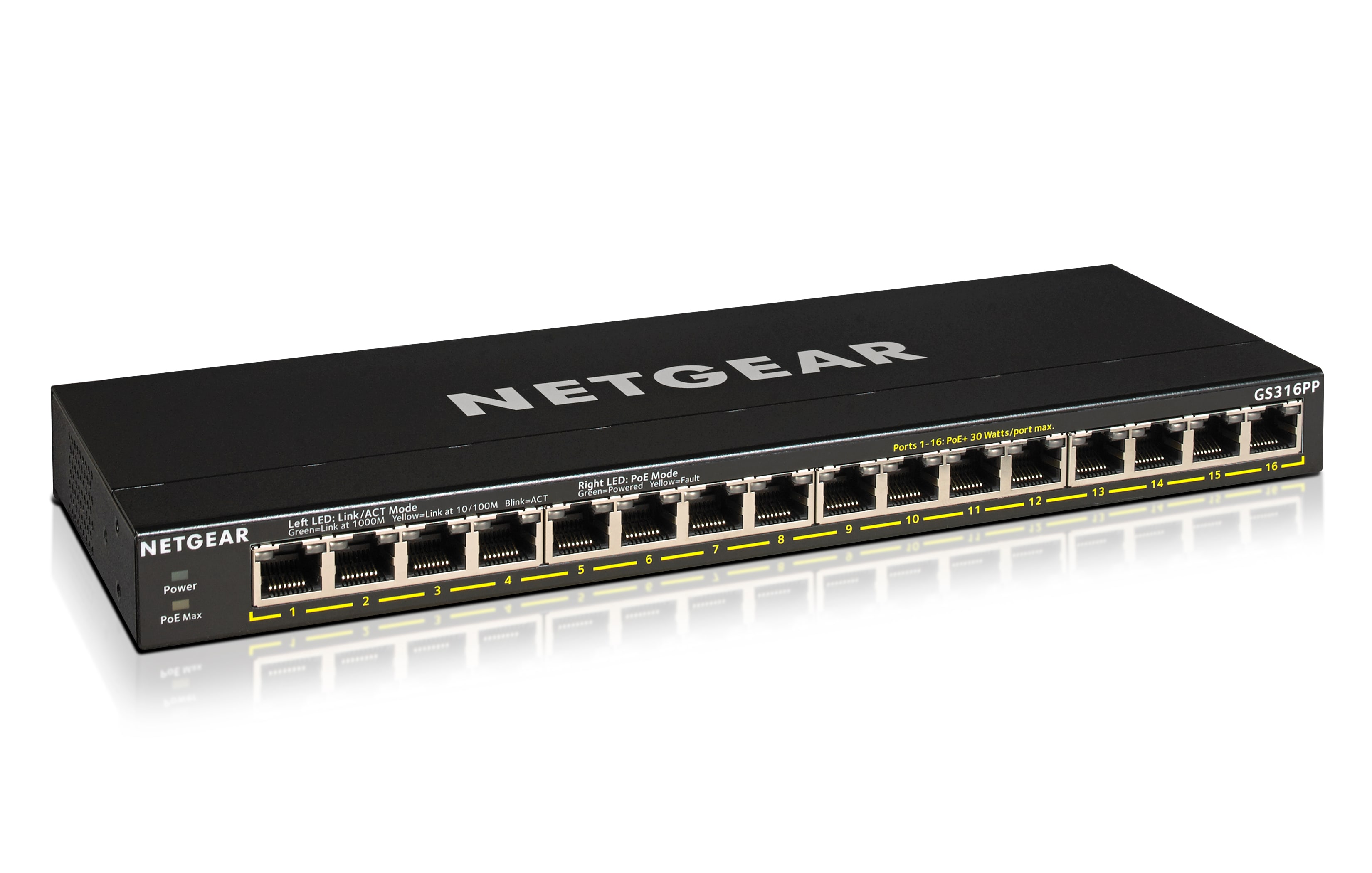 NETGEAR 16-Port Gigabit Ethernet Plus Switch mit PoE (GS316PP): unmanaged Switch mit 15 PoE+-Anschlüssen bei 180 W, 1 1G-SFP-Anschluss, Desktop- oder Wandbefestigung GS316PP-100EUS