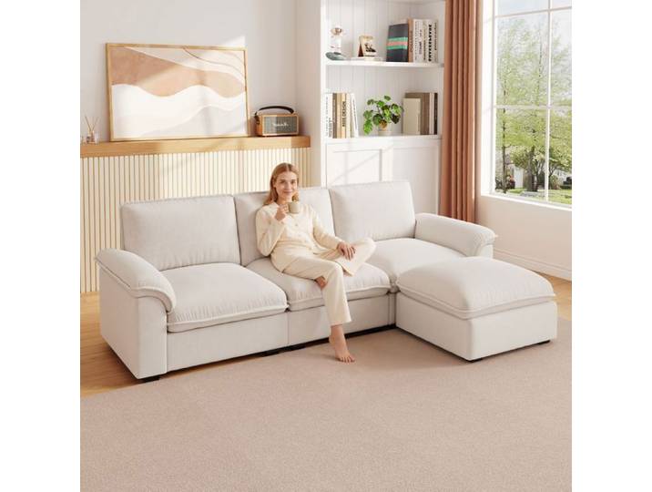 Canapé d'angle modulable - SOGEU - Canapé Modulable - Tissu chenille beige - 4 places - Ottomane réversible