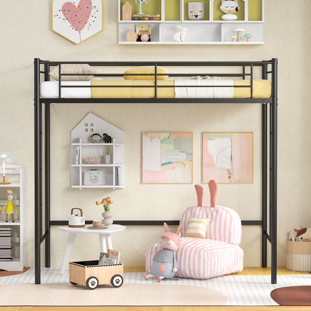 Brayden Studio Metal Loft Bed Space-saving Loft Bed Frame with 2 Ladders Black