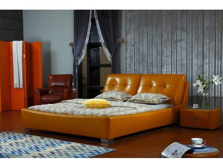 JVmoebel Polsterbett Designerbett aus Leder in Gelb oder neutralen Tönen, Made in Europa