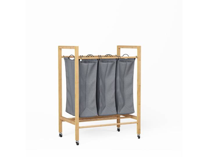 Chariot à Linge en Bambou 3 Compartiments - Trieur à Linge Naturel