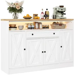 Merax LED Sideboard 140 x 35 x 95 cm, 4 Scheunentüren, Schubladen & Türablagen, Küchenschrank für Küche und Esszimmer, Weiß