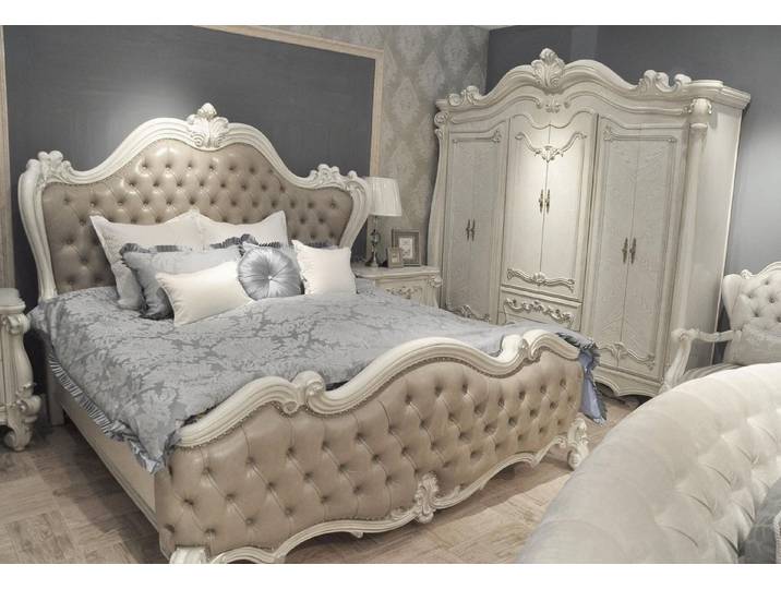 JVmoebel Schlafzimmer-Set Schlafzimmer Set Barock Grau mit Bett und Nachttischen aus Holz, (3-tlg., 3-teilig), Made in Europa