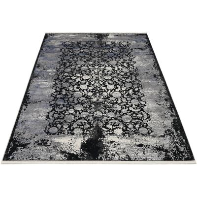 Teppich MUSTERRING "COLORADO FLOWER", grau (grau, schwarz), B:140cm H:5mm L:200cm, Polyacryl, Viskose, Teppiche, Teppich, exclusive MUSTERRING DELUXE COLLECTION hochwertig gekettelt Fransen