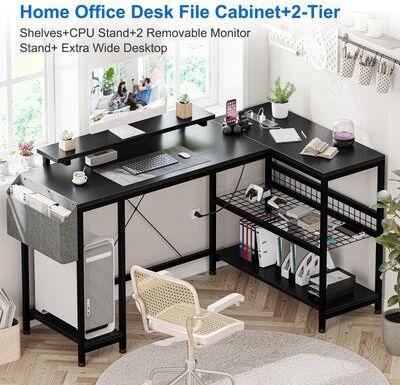 Cathe "L Shaped Computer Desk with Power Outlets & LED Light, 49.6"" Reversible Corner Computer Desk"