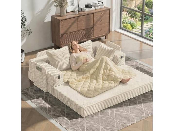 Fabulcozy 4-in-1 Schlafsofa 3-Sitzer mit Aufbewahrungs-Armlehnen, 2-in-1 Kissen-Decke Inklusive, Boneless in Cordvelours, Metallrahmen, Waschbarer Bezug, für Wohnzimmer & Schlafzimmer(Cremeweiß)