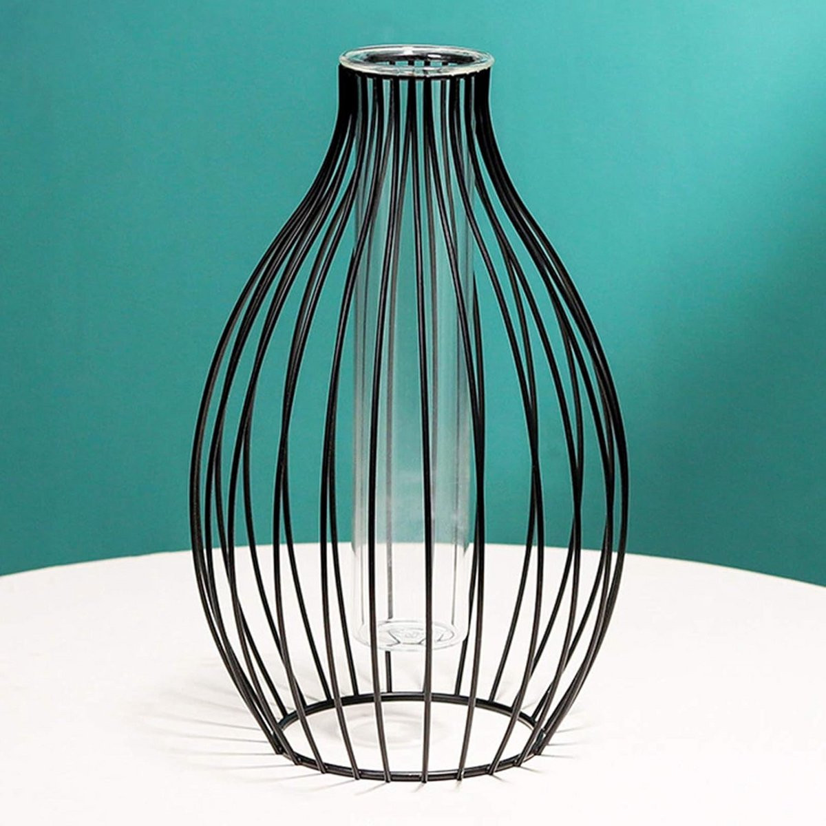 Elegante zwarte metalen vaas met glazen element voor huisdecoratie, Hoogte: 24 cm