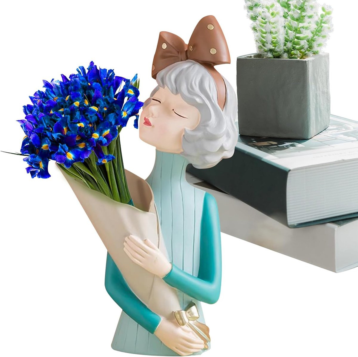 Blauwe kunsthars sculptuurvaas met vrouwelijk figuur voor interieurdecoratie