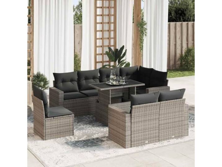 KTHLBRH Gartenmöbel-Set 9-teilig mit grauen Kissen aus Polyrattan Outdoor Lounge, 9-Sitzer, Tisch mit verstellbarer Tischplatte, Sitze mit Stauraum, abnehmbarer Bezug