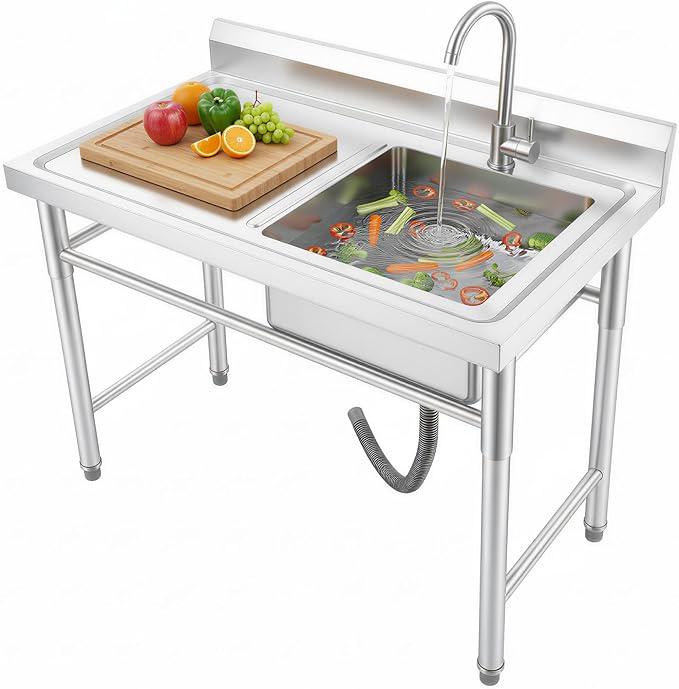 Edelstahl Spüle Gewerbe 100x60cm Freistehend - Große Gewerbespüle mit Armatur, 1 Becken & Verstärkten Füßen für Restaurant, Gastro, Labor