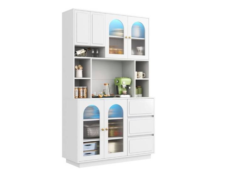 Buffet Cuisine 106x30x175cm Meuble Buffet Haut Cuisine Armoire de Cuisine avec 6 portes 3 Tiroirs et éclairage LED blanc