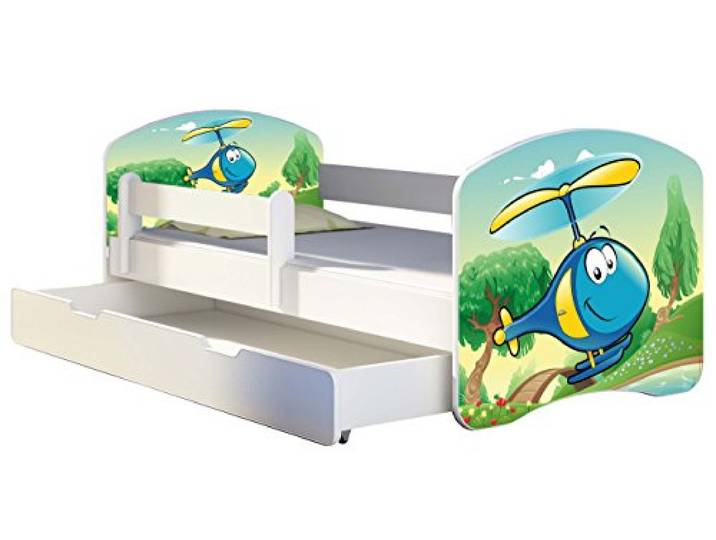 ACMA Kinderbett 160x80 Jugendbett mit Einer Schublade und Matratze, Rausfallschutz, Lattenrost Weiß, stabil, Kinderzimmer Bett, Jugendmöbel Design 35 Hubschrauber