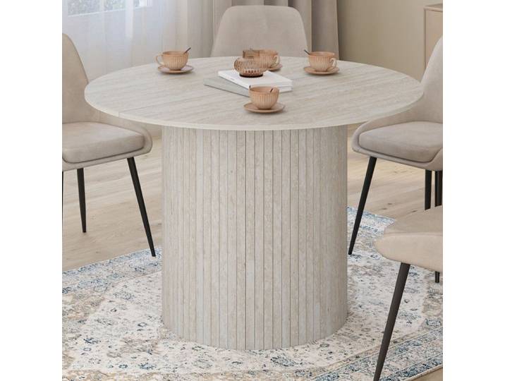 IDMARKET Table à manger ronde JULIETTE 6 personnes pied central effet lattes façon travertin 110 cm