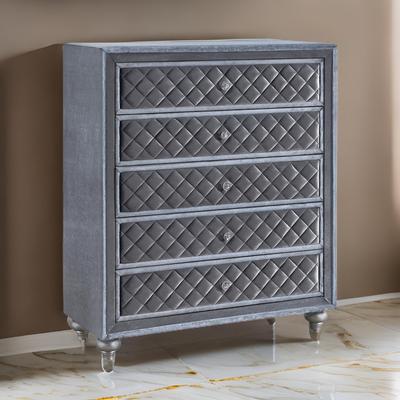 Benjara Rall 49 Inch Tall 5 Drawer Dresser Chest, Crystal Knobs, Smooth Gray Velvet