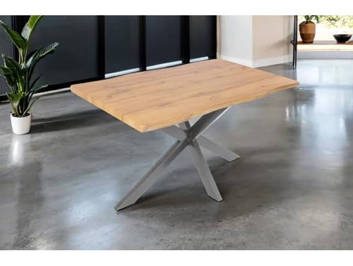 SAM Esstisch Josy 120x80 cm Holz Wildeiche-Optik Spider-Gestell Silber 40 mm Tischplatte mit Baumkante, Metallgestell, Tisch für Esszimmer & Küche