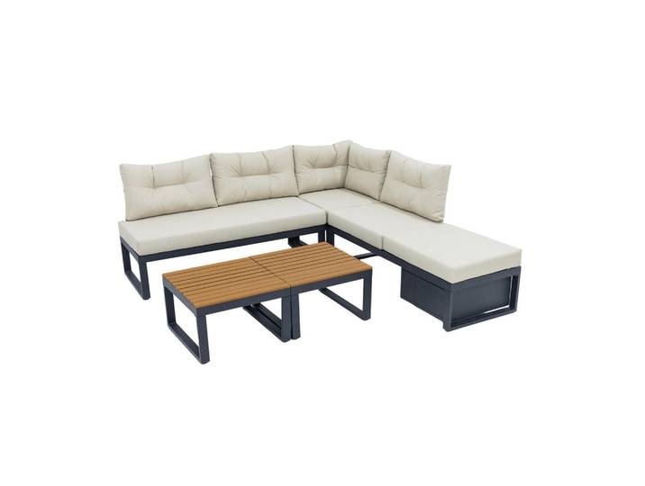 Komhtom Gartenmöbel-Set mit Wetterfester Polyesterbezug in Beige, Metall, Gartenmöbel, Gartengarnituren, Gartenmöbel-Sets