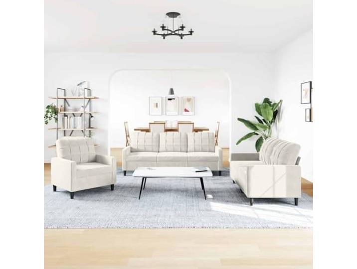 KTHLBRH Sofa-Set, 3-teilig, Samt, cremefarben, mit Kissen Gestell aus Metall, Füllung aus Schaumstoff, modernes Design, 1 Sofa, 1 2-Sitzer-Sofa, 1 3-Sitzer-Sofa