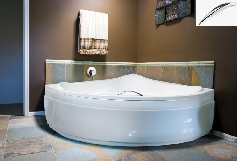 ECOLAM Badewanne Eckbadewanne Eckwanne Wanne Acryl E-Besco 134x134 + Handgriff Schürze Füße Silikon + Ablaufgarnitur Ab- und Überlauf GRATIS Komplett-Set