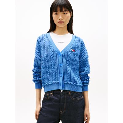 Strickjacke TOMMY JEANS "TJW BOXY GMD CARDIGAN", Damen, Gr. M (38), blau (empire blau), Strick, Obermaterial: 100% Baumwolle, unifarben, gerade hüftbedeckend, tiefer V-Ausschnitt, Rippstrickbündchen, Strickjacken Strickjacke