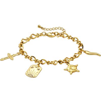 Fußkette FIRETTI "Fusskettchen mit verschiedenen Anhängern Sonne, Mond und Sterne, Kreuz", gelbgoldfarben, kristallweiß, kristallweiß, Fußketten, Damen, Edelstahl, mit Zirkonia (synth.)