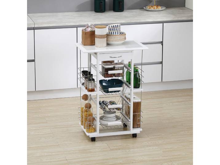 HOMCOM Chariot Cuisine Roulettes Bois Pin 4 Paniers