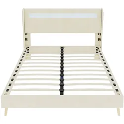 MODFU Polsterbett Stoff Beige 200x160x Höhe mit LED-Beleuchtung und manuell verstellbarer Rückenlehne