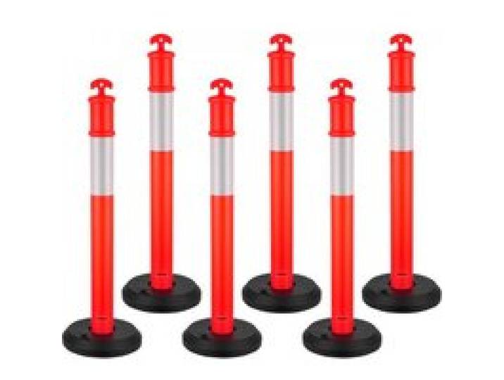 VEVOR Verkehrsleitpfosten Leitpfosten 6 Stk. (114 cm) mit befüllbarem Sockel & Reflektorstreifen, Warnpfosten für Baustellen, Parkplätze, Absperrpfosten zur Steuerung von Menschenmengen, rot