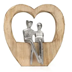 Moritz Dekofigur Heartbound 25,5 cm aus Mangoholz und Aluminium Skulptur im Herz Motiv mit zwei Personen Symbol für Liebe Vertrauen und Geborgenheit