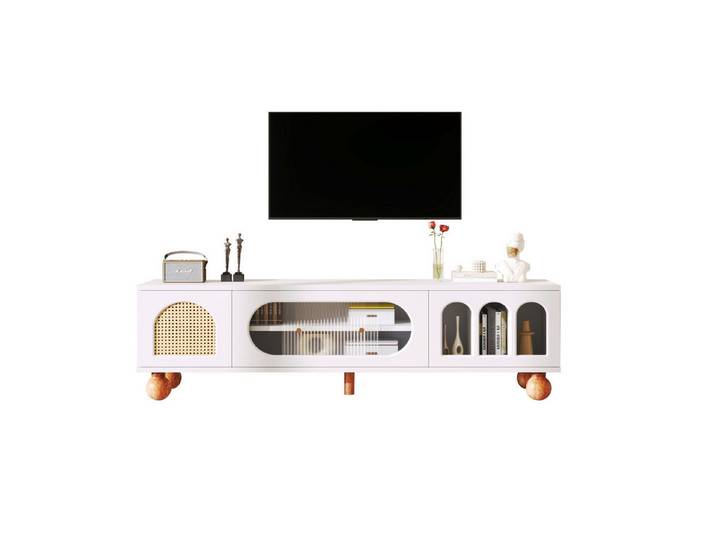 Merax Lowboard mit Rattantür und Glastüren, TV-Schrank mit Stauraum,TV-Board Landhaus,Fernsehtisch,Breite:170cm