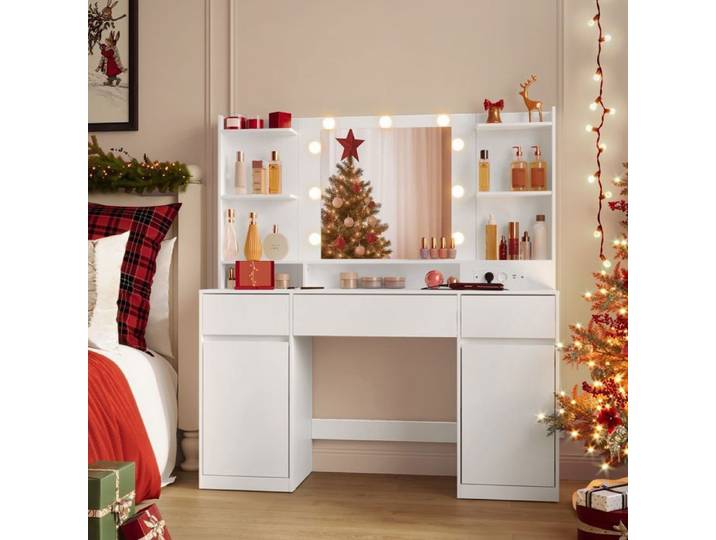 Coiffeuse avec miroir LED - VASAGLE - Éclairage 3 couleurs - 9 ampoules - Multiprise intégrée - 2 placards - 3 tiroirs