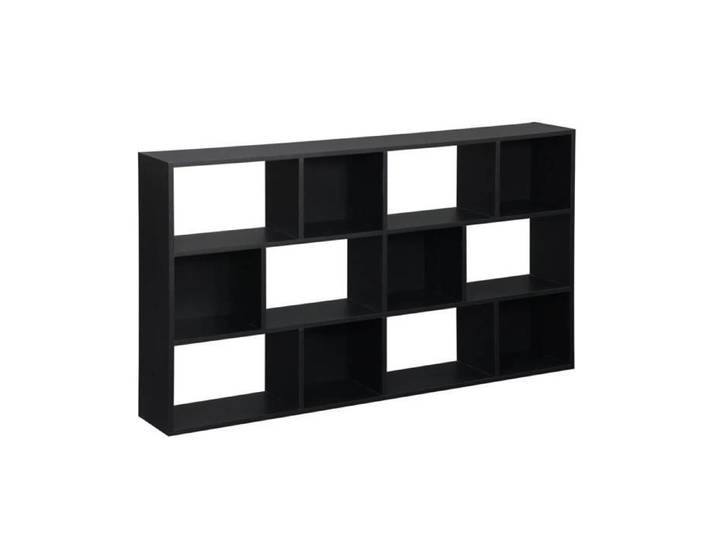 Bibliothèque design asymétrique noire. Pieter. 3 étagères. 12 compartiments de rangement