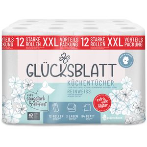 Glücksblatt Küchenrolle Reinweiss, XXL-Pack, 3-lagig, 64 Blatt je Rolle, Zellstoff, saugstark & reißfest, 12 Rollen