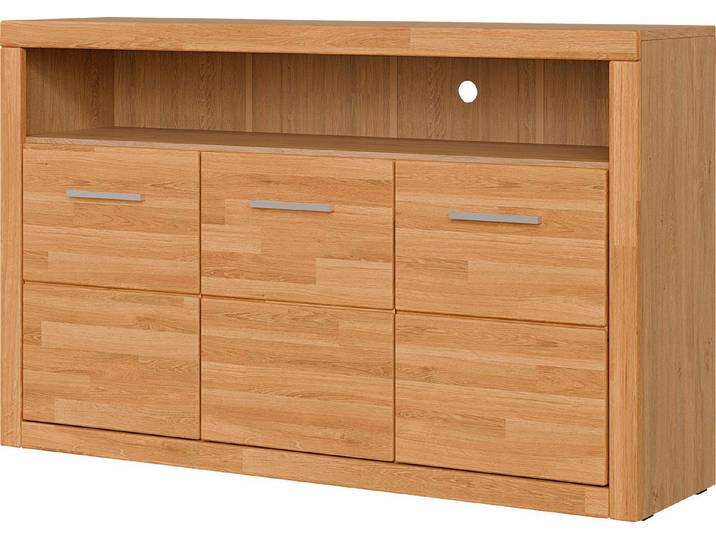OTTO home Sideboard Ribe,130cm breit, Fronten Massivholz,7 Fächer, Holz massiv, Holzwerkstoff, Metall Griffe,3 Türen