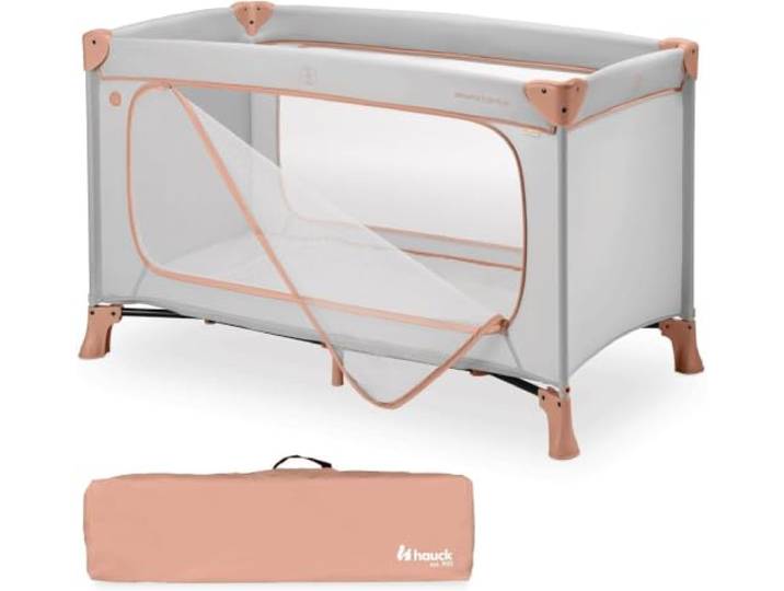 hauck Reisebett Baby mit XL Spielöffnung, Dream N Play Plus Dusty Cork Klein zusammenkappbar mit Tragetasche, 2-in-1 Kinderreisebett und Laufgitter ab Geburt bis 3 Jahre (15 kg), schnell aufgebaut
