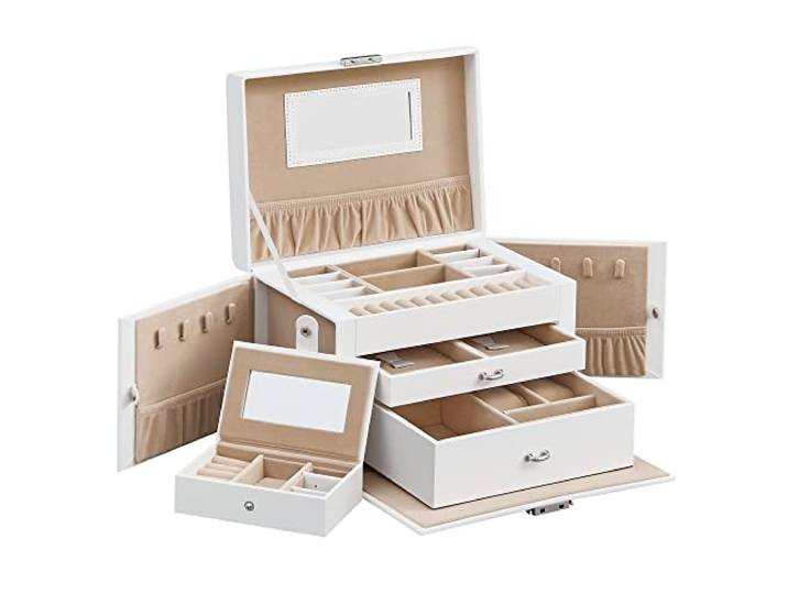 SONGMICS Boîte à Bijoux 3 Niveaux\, 2 Tiroirs\, Verrouillable Écrin\, Coffre de Rangement\, avec Mini-boîte Portable\, Poignées\, Blanc\, Beige\, Collection BRIDIE JBC121W