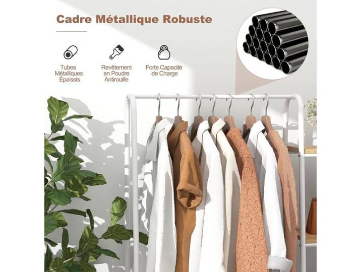 GIANTEX Penderie Portant à Vêtements-avec Tringle de Suspension et 5 Étagères-Porte-Vêtements Léger Autoportant en Métal Blanc