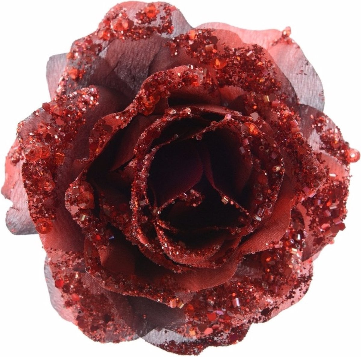 Rode decoratie kunstbloem roos met glitters en clip, 14 cm