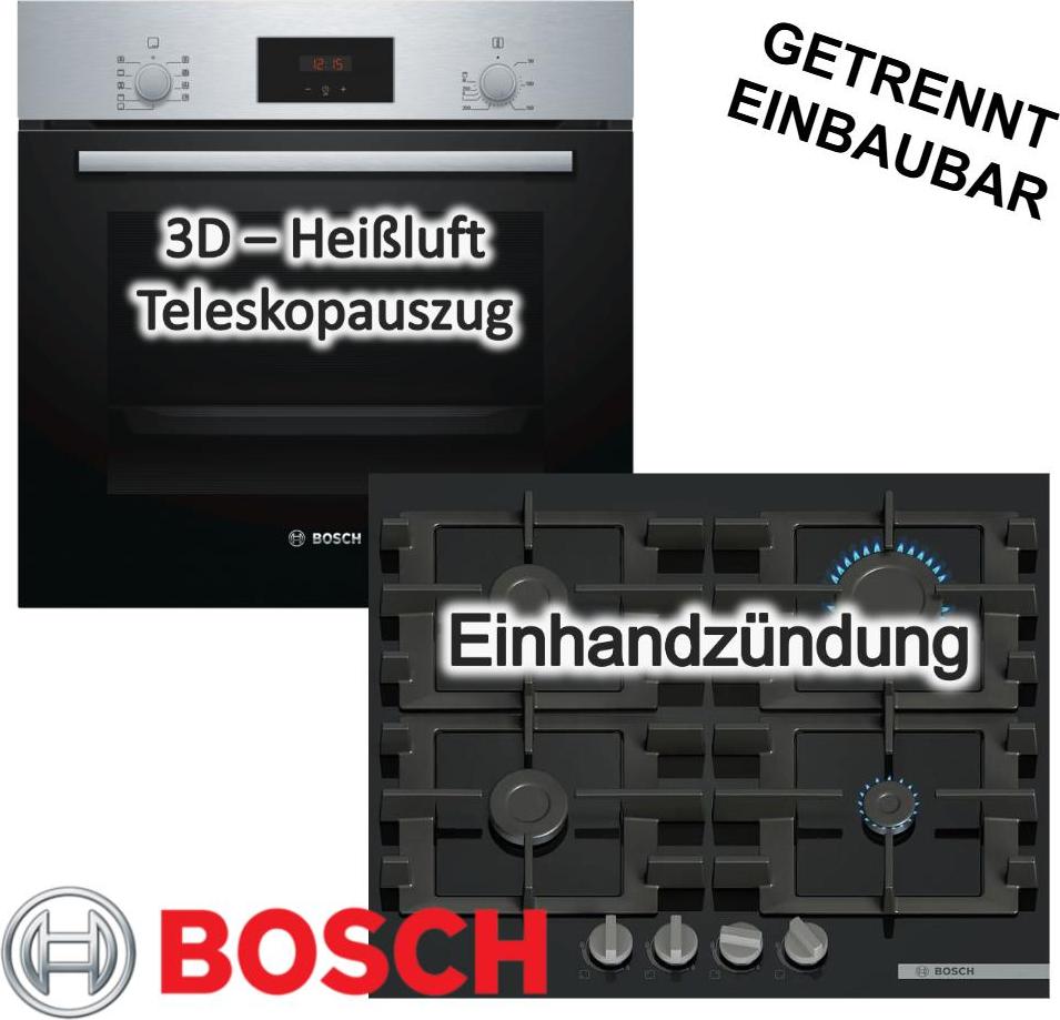 Backofen-Set Bosch Backofen Teleskopauszug 3D Heißluft + Gaskochfeld 60 cm Einhandzündung Zündsicherung