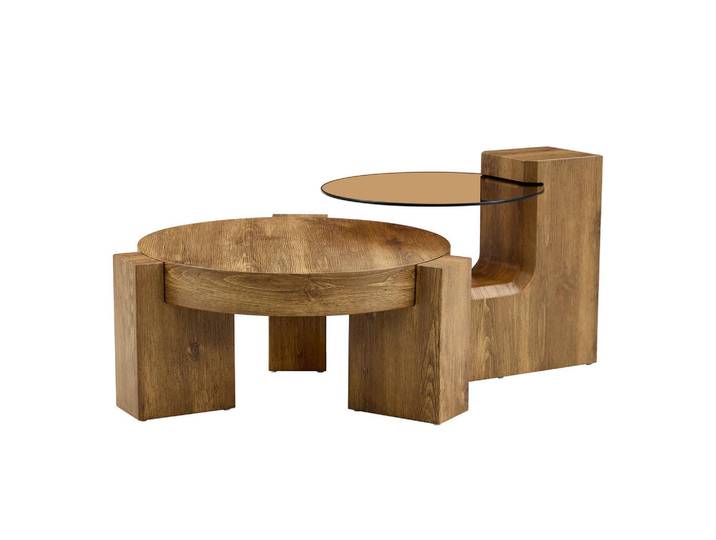 Redom Couchtisch-Set 61/61/30 cm trennbar mit 2 Ebenen, Sicherheitsglas und Stauraum, Holzoptik/Braun, Naturfarben, 61x36x61 cm, Wohnzimmer, Wohnzimmertische, Couchtische