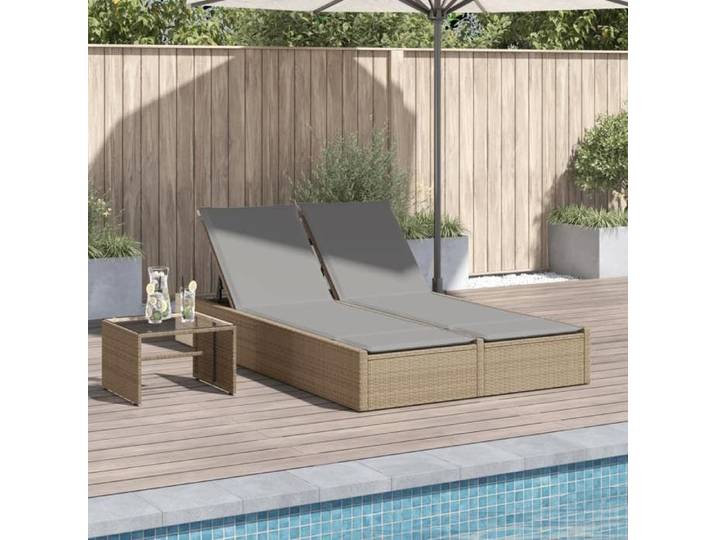 Chaise longue double avec coussins beige résine tressée 368631