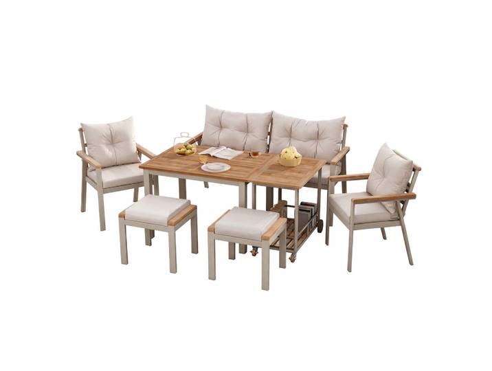 Flieks Gartenmöbelset Akazienholz 6-7 Sitzer Tisch Stühle, Mehrfarbig, Metall, Gartenmöbel, Gartengarnituren, Gartenmöbel-Sets