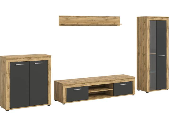 Wohnwand GOODPRODUCT AOSTA, Breite 330cm, 4-teilige Wohn-Kombination , grau (wotan eiche nachbildung, grau), B:330cm H:159cm T:40cm, Holzwerkstoff, Kastenmöbel-Sets, Wohnwand, Wohnwand, Kombination, Anbauwand, Möbel Set, Schrankwand, Möbel Kombi