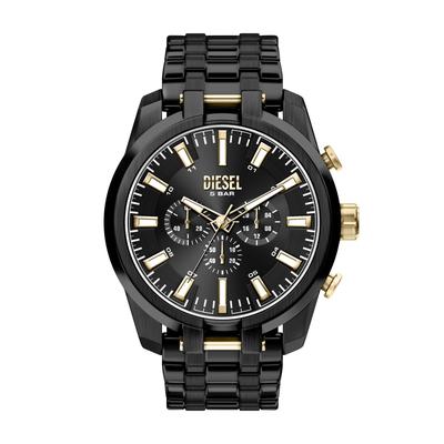 Chronograph DIESEL "Split", schwarz (schwarz, schwarz), Armbanduhren, Herren, schwarz-gelbgoldfarben, Chronograph, Quarzuhr, Armbanduhr, Edelstahlarmband, analog, Stoppfunktion