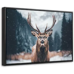LEINWAND Bilder mit Rahmen - Hirsche - Tiere - Landschaft - Winter - Schnee - 30x20