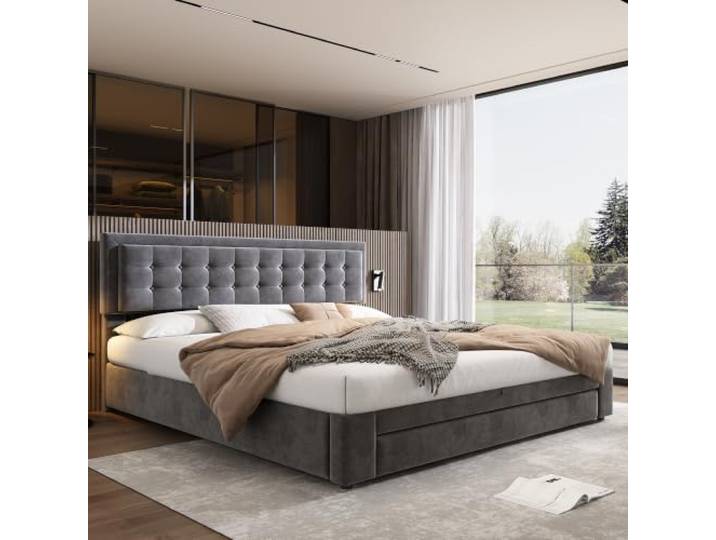 BXEYXE Bett mit Kasten und Schubladen, Samtstoff, Polsterbett, Lattenrost, Doppelbett, großer Stauraum, 180 x 200, Grau